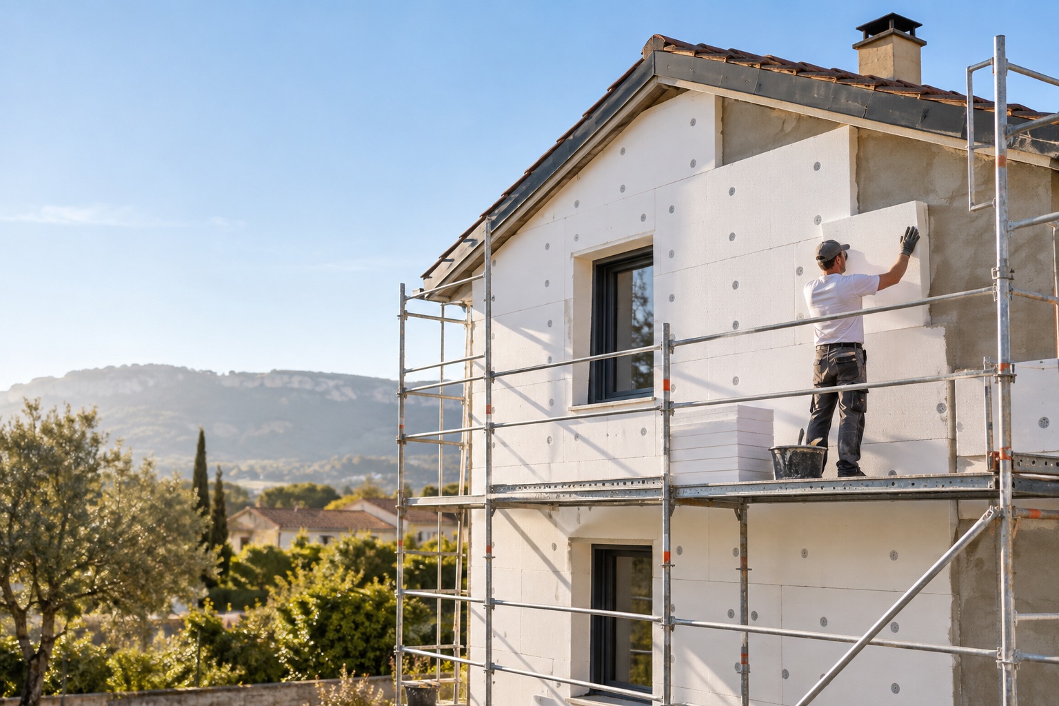 Artisan posant une isolation thermique par l’extérieur sur une maison